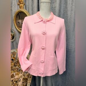 Classic Pink Button-Front Women's Cardigan Sweater with Flower Buttons